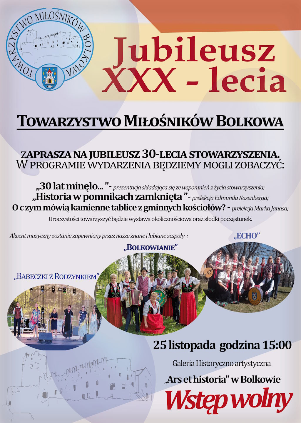 30-lecie Towarzystwa Miłośników Bolkowa- zaproszenie na 25 listapda 2023 godz. 15.00 Galretri Ars Et HIstoria