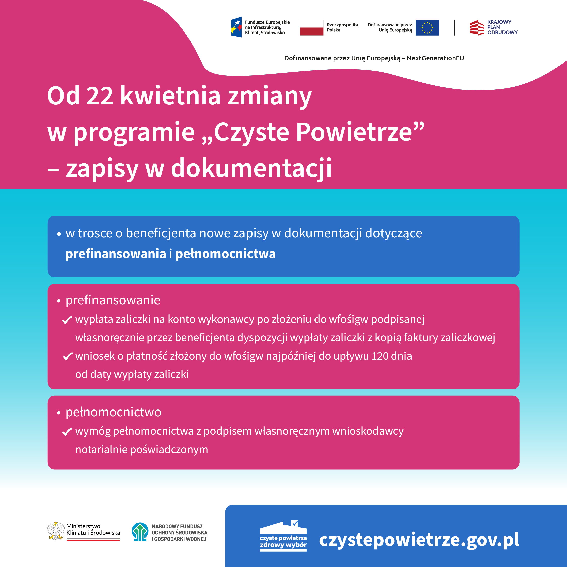 Grafika informacyjno-promocyjna zatytułowana: Od 22 kwietnia zmiany w programie „Czyste Powietrze” – najwyższe dofinansowanie.  W prawym, górny rogu obok siebie widzimy logotypy: Funduszy Europejskich na Infrastrukturę, Klimat, Środowisko, Rzeczpospolitej Polskiej, Unii Europejskiej, Krajowego Planu Odbudowy oraz pod logotypami informację: dofinansowane przez Unię Europejską – NextGenerationEU. Po lewej stronie widzimy jedno niebieskie pole z informacją: zmiany w możliwości uzyskania najwyższego poziomu dofinansowania (część 3) programu) pod kątem liczby budynków/lokali dla jednego beneficjenta. Następnie od niebieskiego pola odchodzą – w prawą stronę – trzy czerwone: •	na polu 1 informacja: Wniosek o dotację złożony do 21.04 – zmiany Cię nie dotyczą •	na polu 2 informacja: Wniosek o dotację złożony od 22.04 do 13.06 – okres przejściowy, uwzględniający poniższy warunek •	na polu 2 informacja: Wniosek o dotację złożony od 14.06 lub później – zmiany Cię dotyczą, jedna szansa na dotację w ramach najwyższego poziomu dofinansowania (część 3) programu) o ile już wcześniej (od 22.04) nie udzielono Ci dotacji z części 3) programu na inny budynek/lokal mieszkalny. Następnie na dole, po prawej stronie, najpierw obok siebie dwa logotypy: Ministerstwa Klimatu i Środowiska oraz Narodowego Funduszu Ochrony Środowiska i Gospodarki Wodnej. A obok – logotyp programu „Czyste Powietrze” i adres strony internetowej: czystepowietrze.gov.pl.