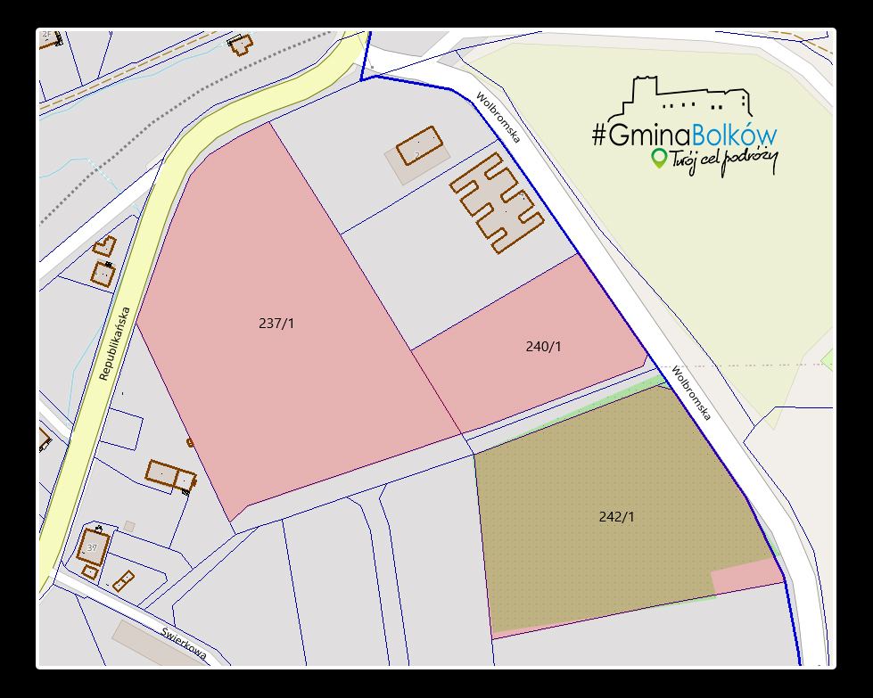 mapa, na której są zaznaczone tereny na sprzedaż w Gminie Bolków