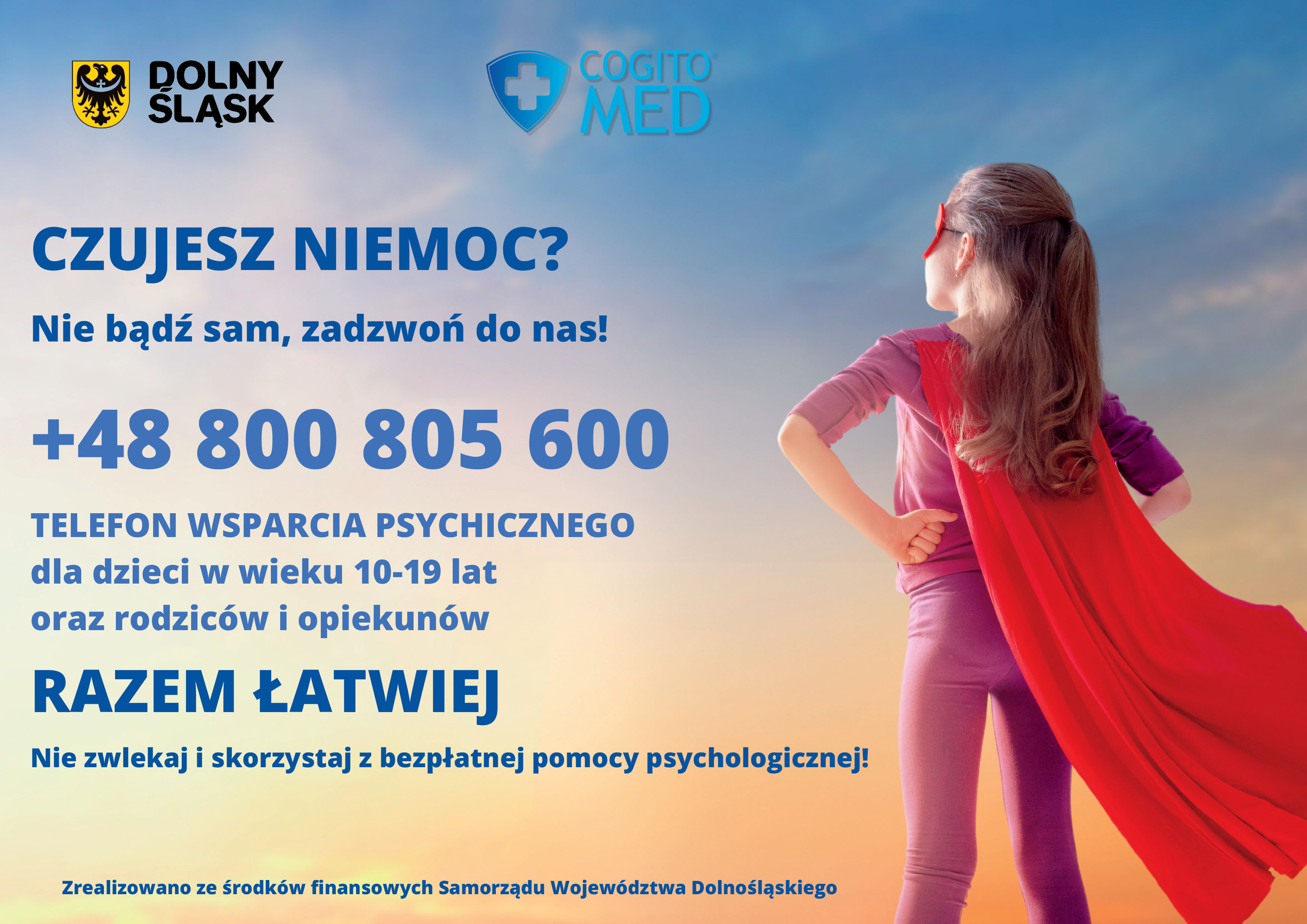 Plakat Zdrowie Psychiczne, na zdjęciu dziewczynka obrócona tyłem z peleryną