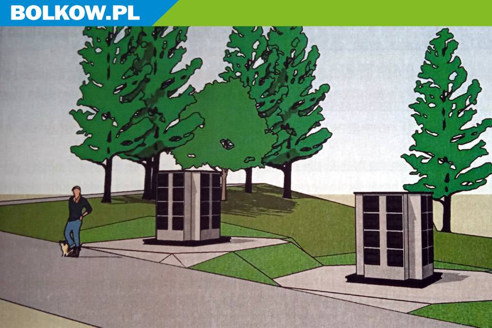 na zdjęciu projekt kolumbarium na cmentarzu komunalnym w bolkowie, widać postać z dwoma kolumnami i drzewa